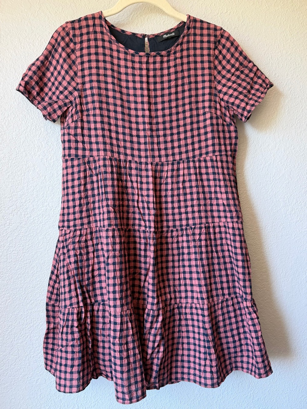 Madewell Short Sleeve Tiered Mini Dress Pink Navy Gingham Check, Like New, XS - Picture 2 of 16